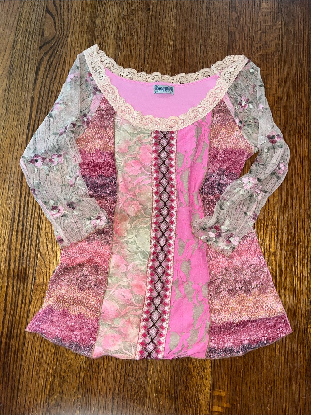 Free People | Pink Patchwork Lace & Sheer Long Sleeve Top
